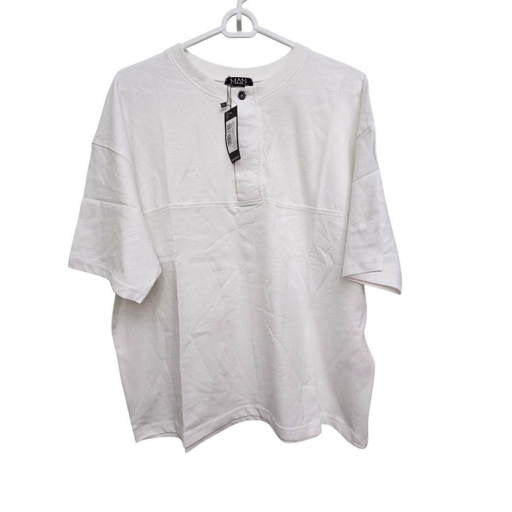 boohooMAN Henley T-Shirt Men S White Oversized Boxy Concealed Placket Streetwear
